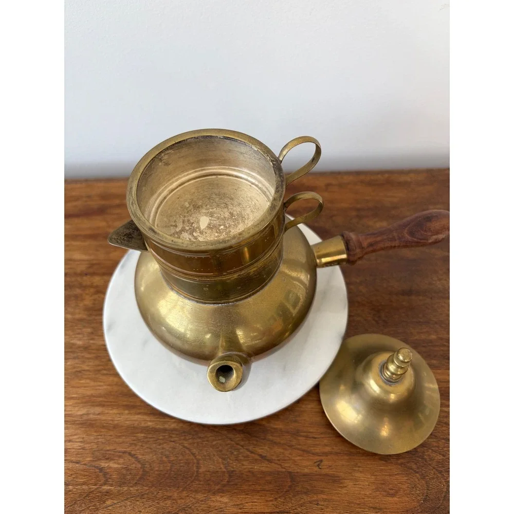 Vintage Brass Stacking Tea Set 3 Tier Teapot Creamer Sugar Wood Handle 8 Inch